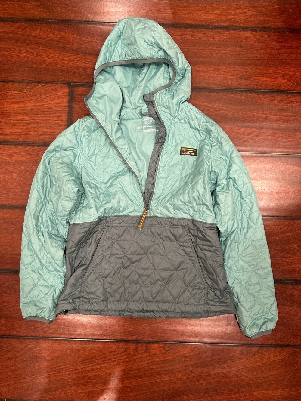 L.L. Bean primaloft Quilted Hooded Pullover Anorak in Light Teal & Gray